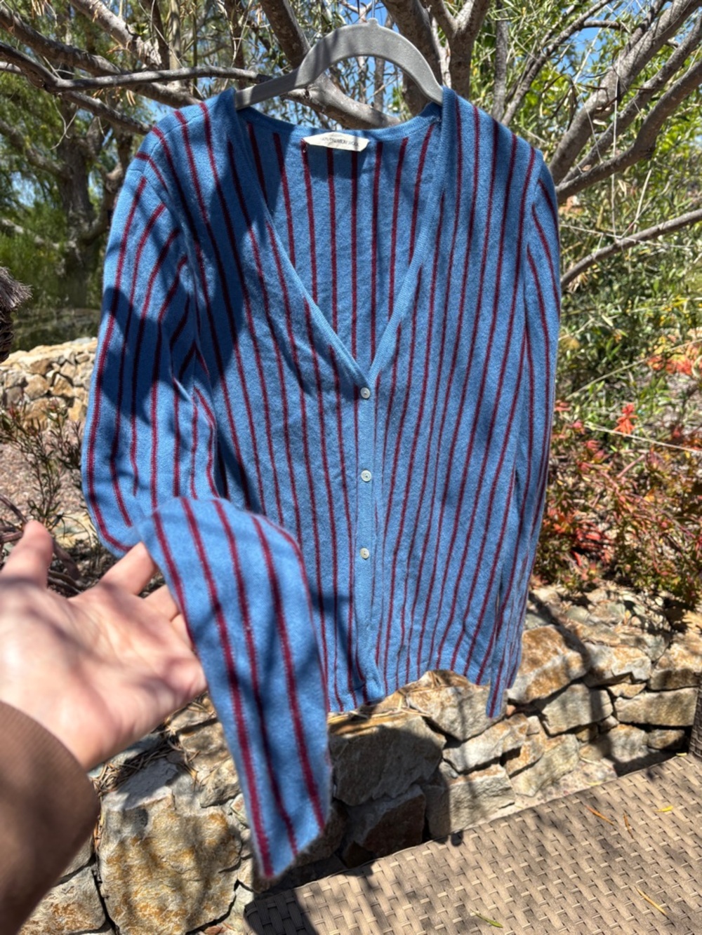 Blue and Burgundy Striped V-Neck Button Cardigan 100% Premium Wool